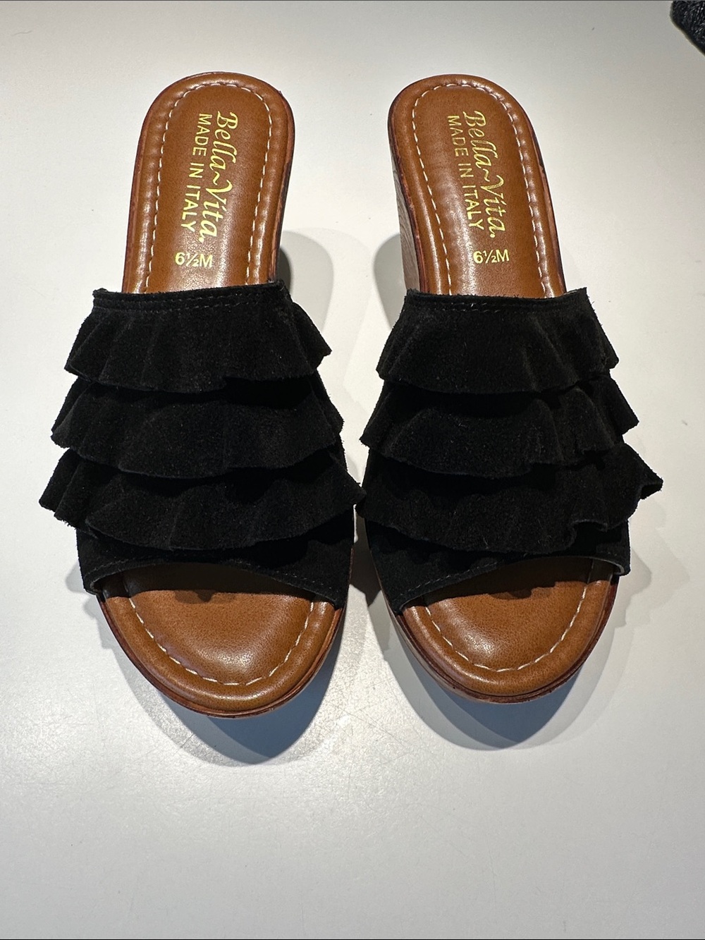 Bella Vita Black Ruffle Slide Mules